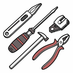 Assorted hand tools illustration screwdriver hammer pliers cutter