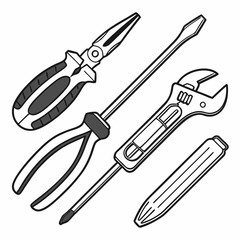 Hand drawn illustration of tools pliers screwdriver wrench sealant tube