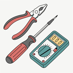 Professional tools illustration pliers screwdriver multimeter transparent background