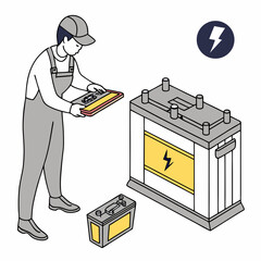 Technician inspecting and replacing car battery power source