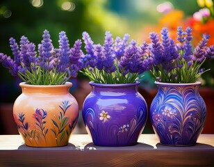 Bunte handget&ouml;pferte Blument&ouml;pfe mit Lavendel &ndash; Nahaufnahme