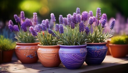 Fototapeta premium Bunte handgetöpferte Blumentöpfe mit Lavendel – Nahaufnahme