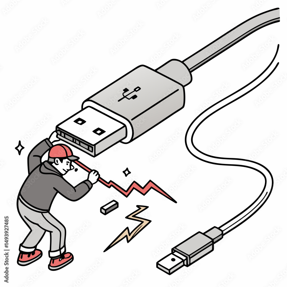 Poster man struggling with broken usb cable data transfer problems