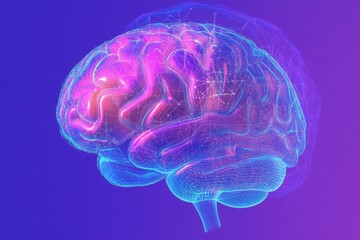 Digital brain rendering with colorful hues and wireframe detailing