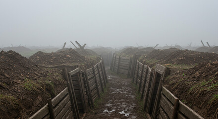 A world war i trench system disappearing into a foggy landscape with wooden supports and muddy ground