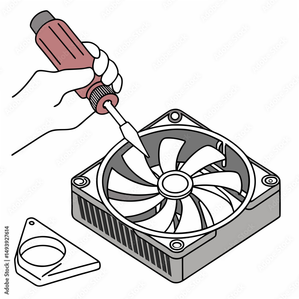 Poster installing computer cpu cooler fan with screwdriver on white background