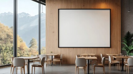 Blank framed poster mockup on wooden wall in modern bright cafe interior with empty tables and mountain view through large windows. 3D Rendering,


