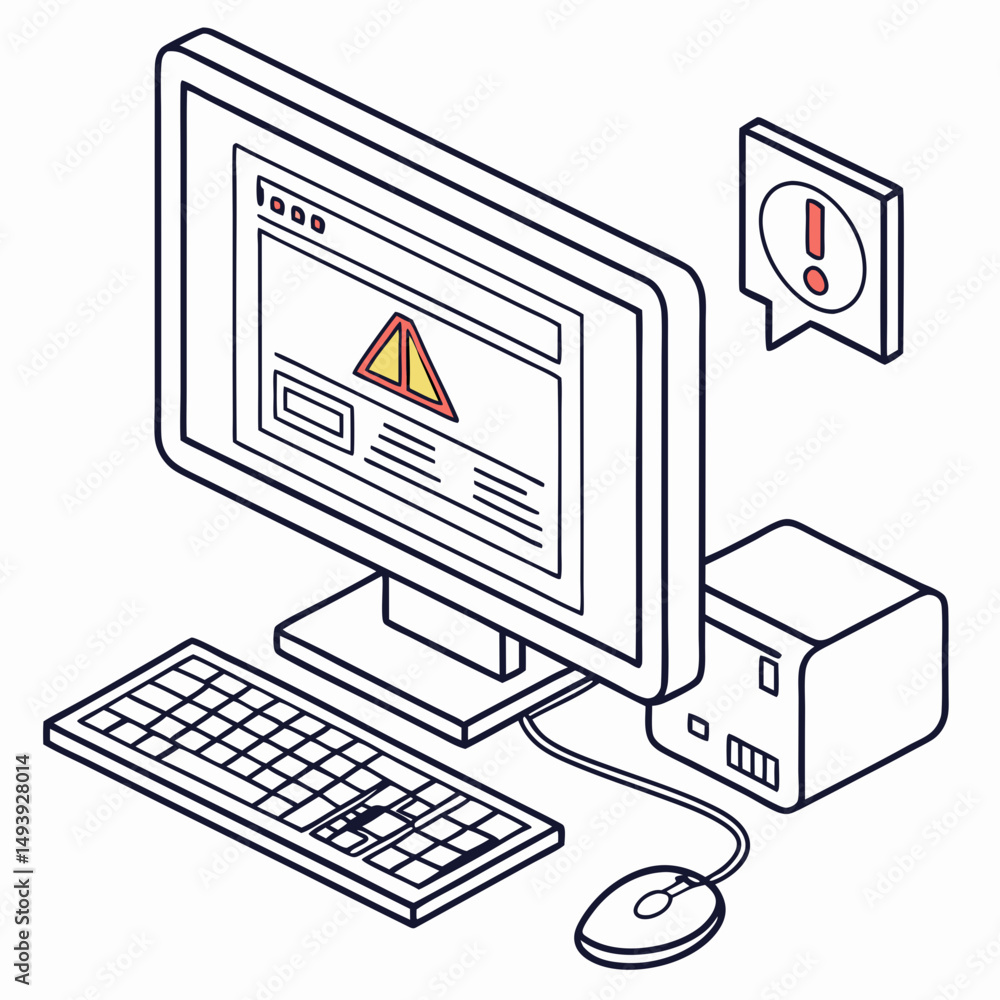 Poster isometric illustration computer error warning message alert