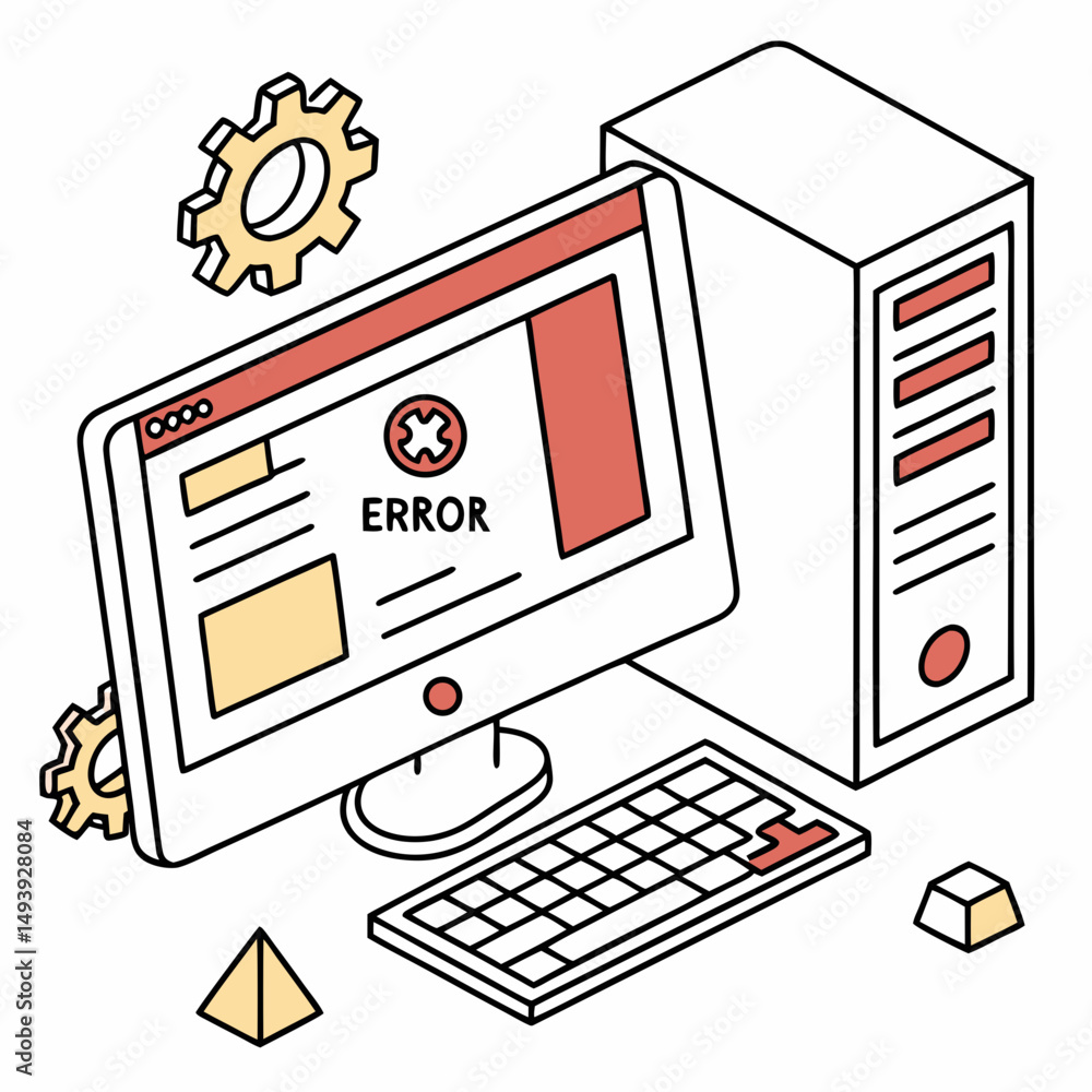 Poster computer error isometric illustration technical problem troubleshooting