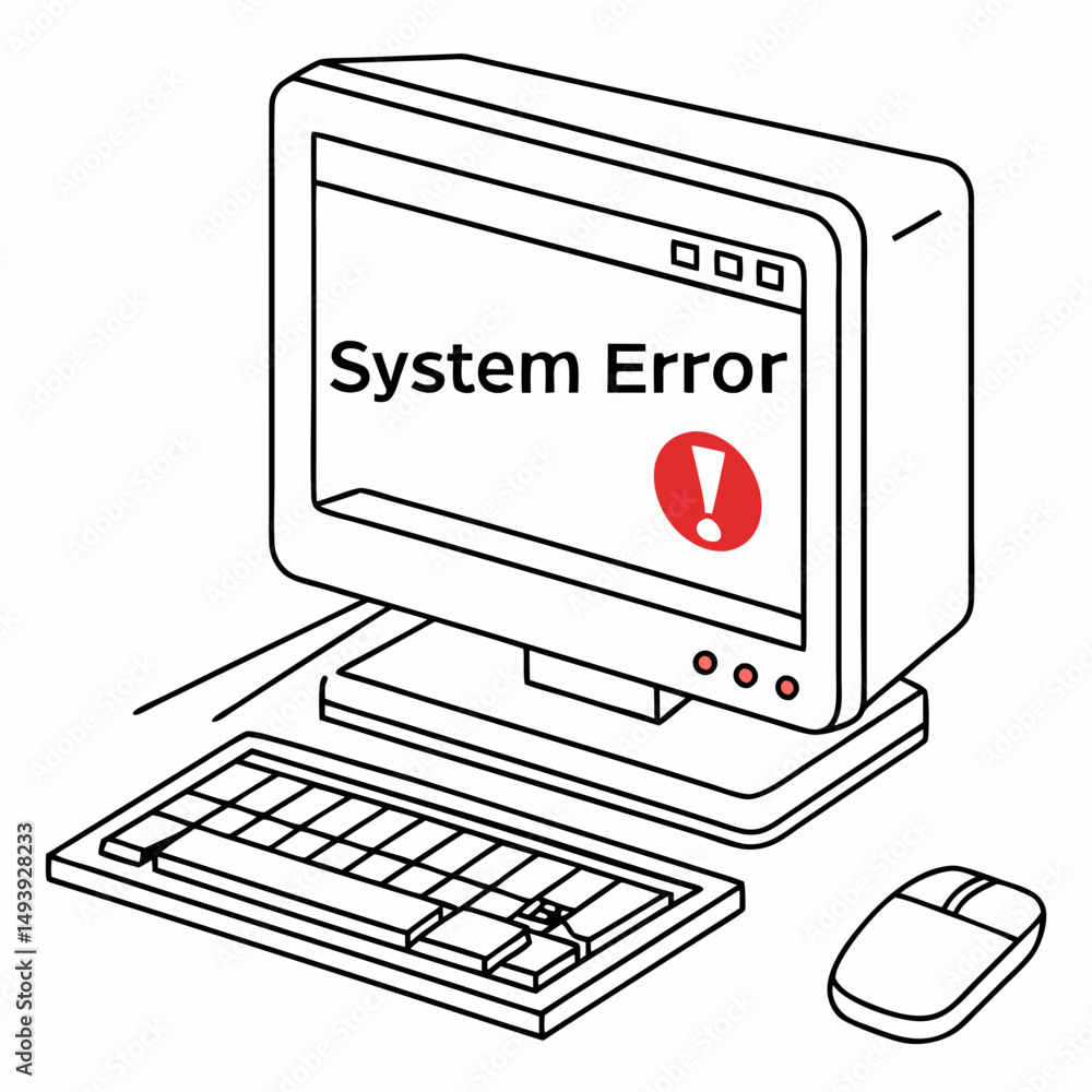 Poster system error message on old computer screen keyboard mouse