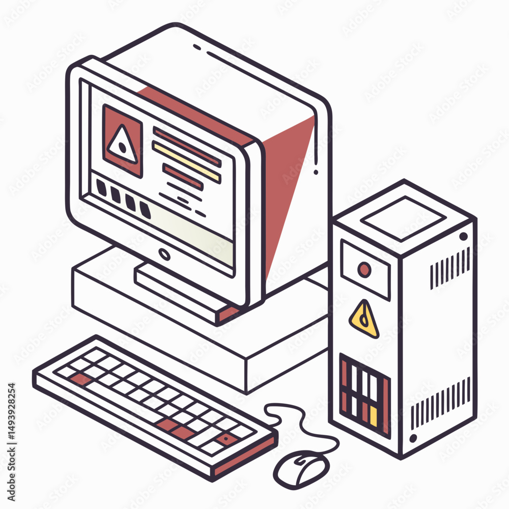 Poster retro computer isometric illustration desktop pc keyboard mouse