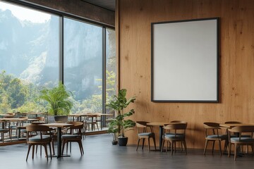 3D rendering of cafe interior with wooden wall poster mockup, empty seating, and large windows showing mountain landscape
