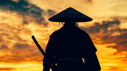 A poised warrior dons a conical hat and wields two swords, embodying strength and honor at dusk in a stunning scene becomes At dusk, a poised warrior wearing a conical hat and wielding two swords