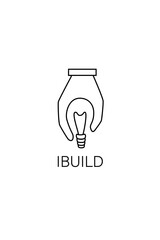 Minimalist line art logo featuring a hand holding a lightbulb, symbolizing innovation, creativity, and construction. Ideal for tech startups, builders, designers, or platforms under the name “IBUILD.”