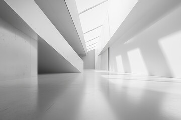 Minimalist interior with white walls, floor, and skylight casting bright shadows