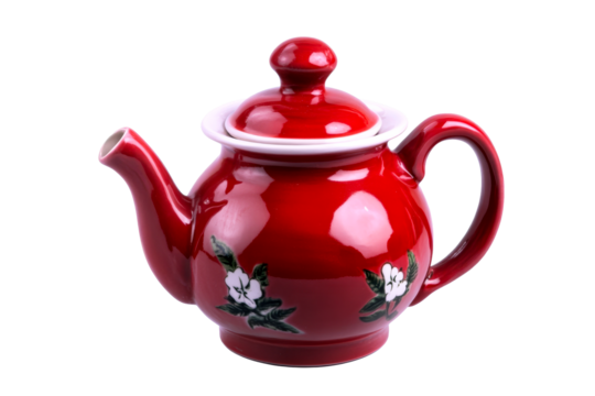 Shiny red teapot with floral pattern on black, cut out transparent
