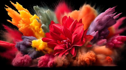 Colorful Dahlia Explosion, Black Background