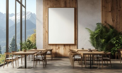 3D rendering of cafe interior with wooden wall poster mockup, empty seating, and large windows showing mountain landscape
