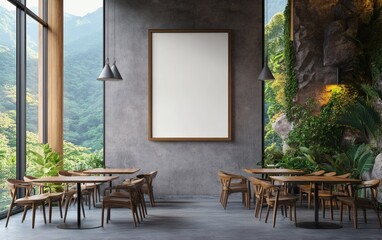 3D rendering of cafe interior with wooden wall poster mockup, empty seating, and large windows showing mountain landscape
