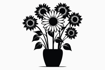 Graphic Potted Sunflowers with Leaves and Stems Isolated Decorative Design Element