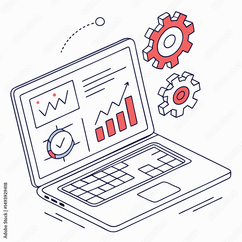 Poster laptop screen displaying graphs charts and gears indicating business analytics and process optimizat