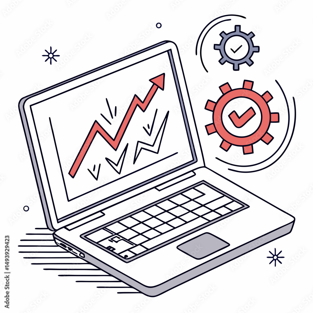 Poster laptop screen displaying upward trending graph with checkmark gears