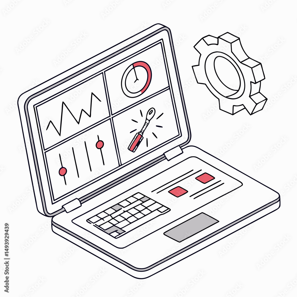 Poster laptop screen displaying graphs charts and settings gear icon