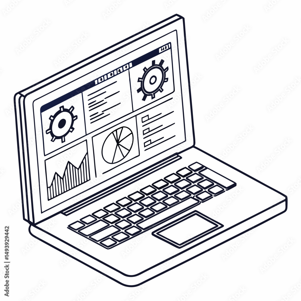 Poster laptop screen showing business data graphs charts analytics