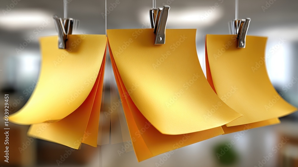 Aufkleber sticky notes sliding into place on agile board in modern office setting with blurred background