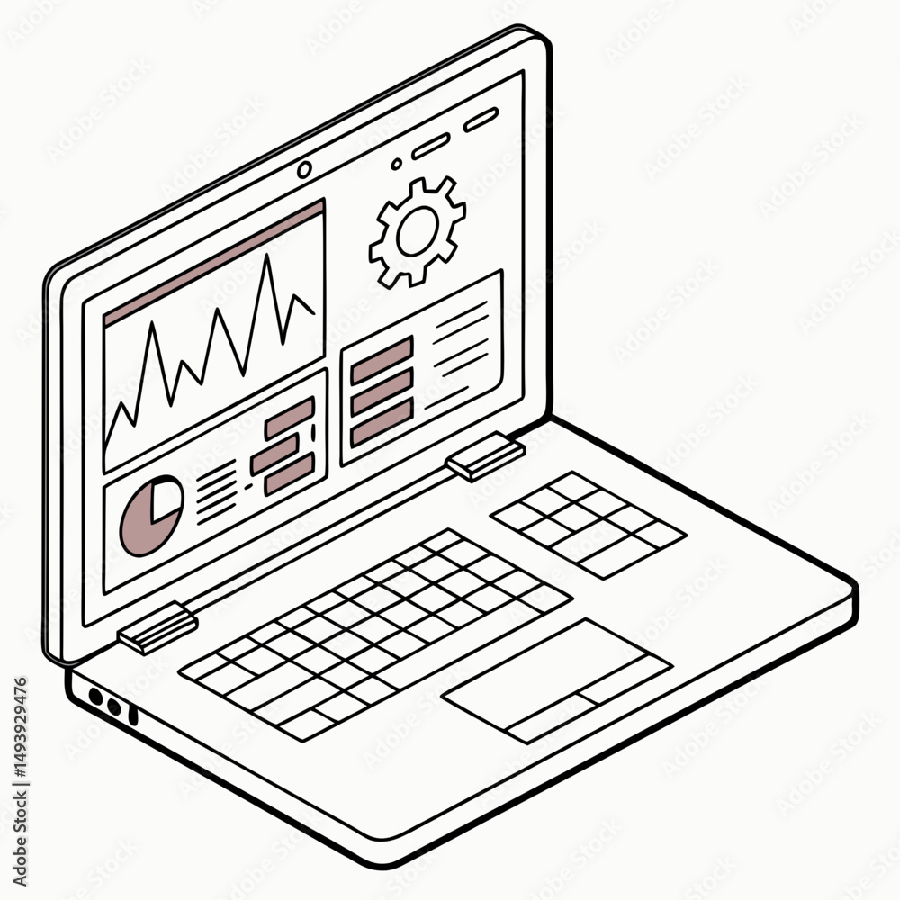 Poster laptop screen displaying data analytics charts graphs and settings icon