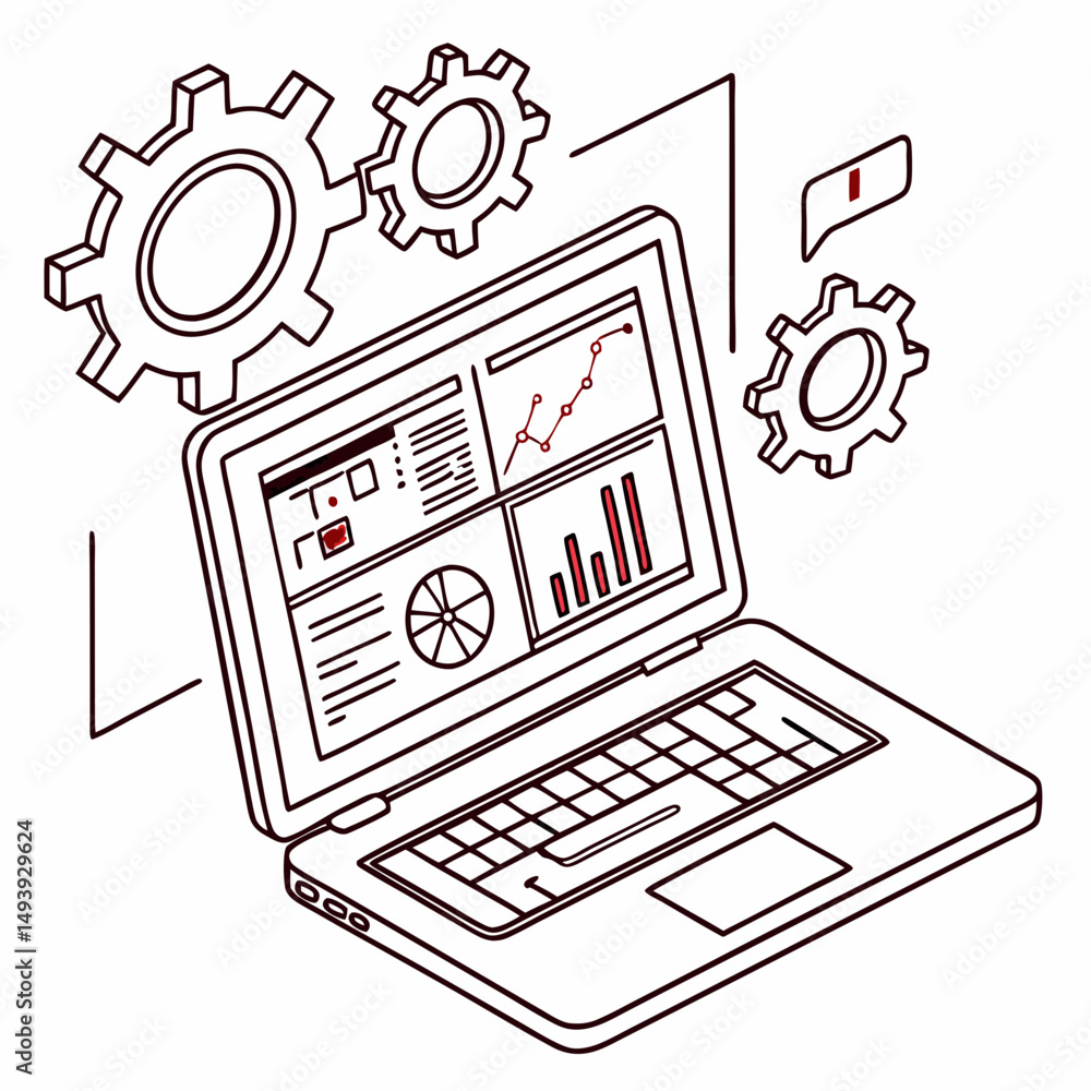 Aufkleber professional laptop with gears and data analytics graphics on white background