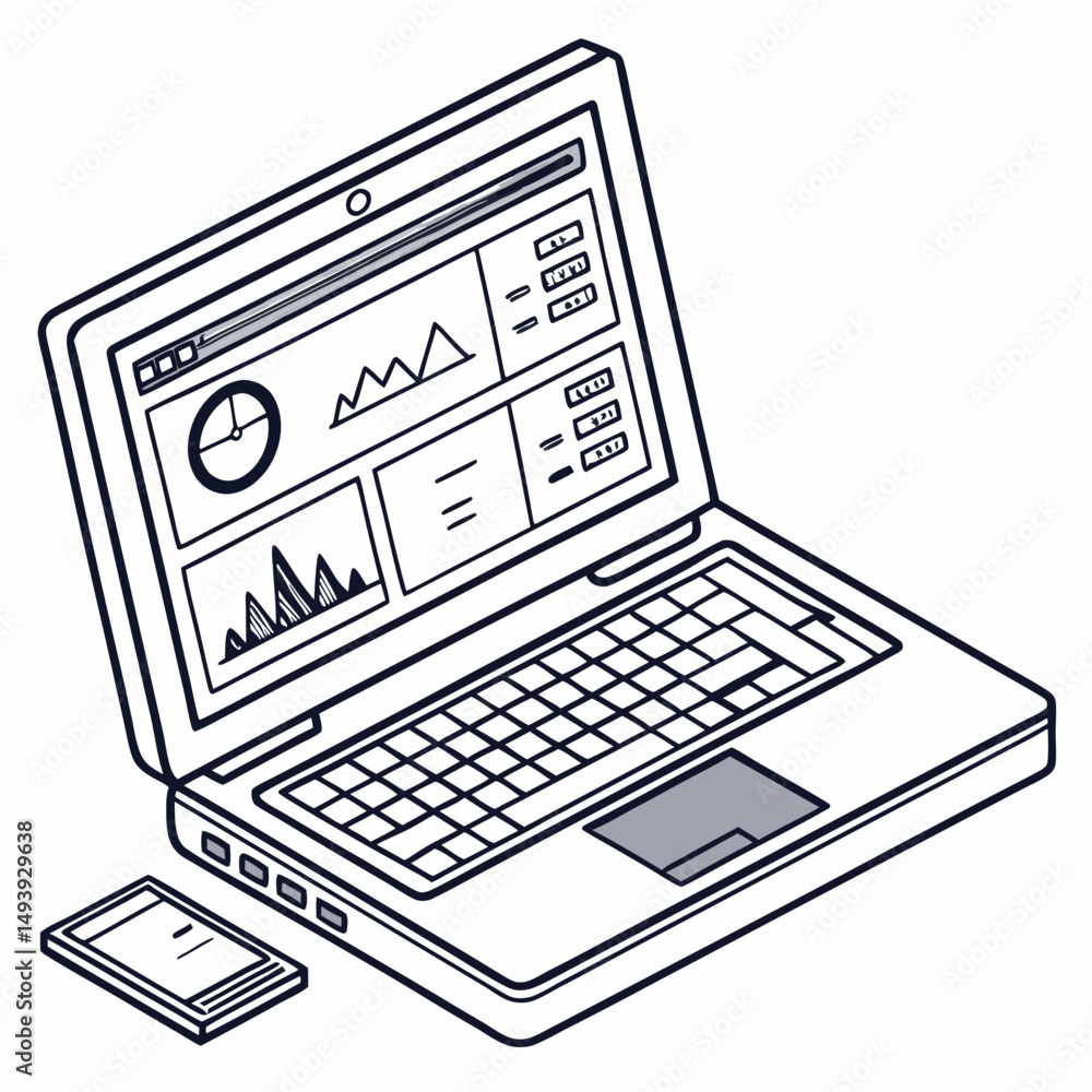 Poster Professional laptop with data analytics display and smartphone on white background
