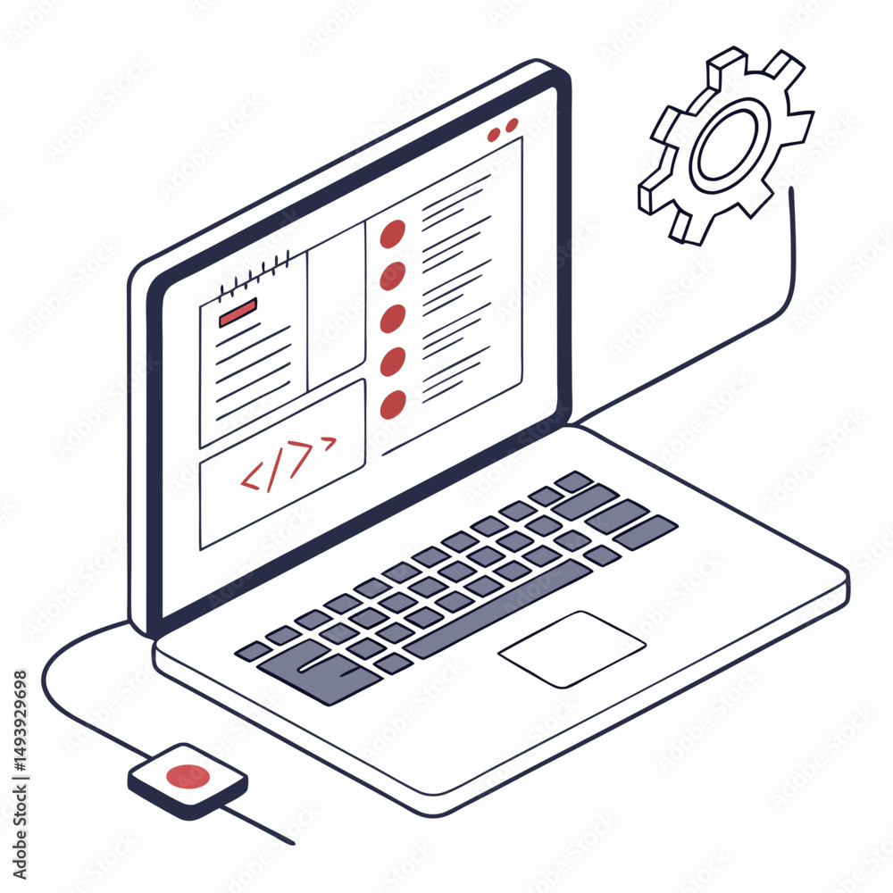 Poster professional isometric laptop with coding interface and gear icon on transparent background