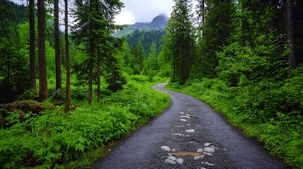 Fototapeta premium there is a dirt road in the middle of a forest with a mountain in the background