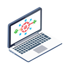 Isometric laptop with network connection graphic on screen transparent background
