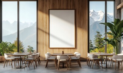 Blank framed poster mockup on wooden wall in modern bright cafe interior with empty tables and mountain view through large windows. 3D Rendering,
