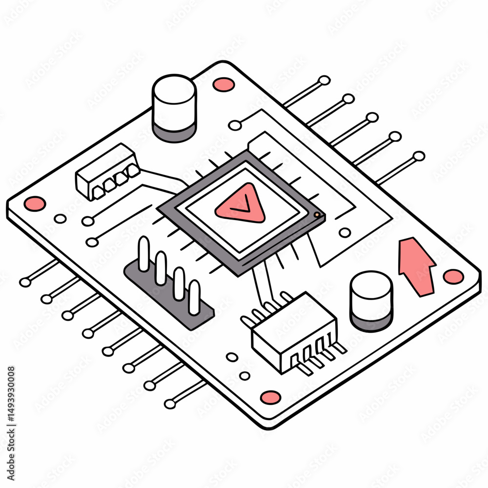 Poster isometric illustration of a microchip with play button