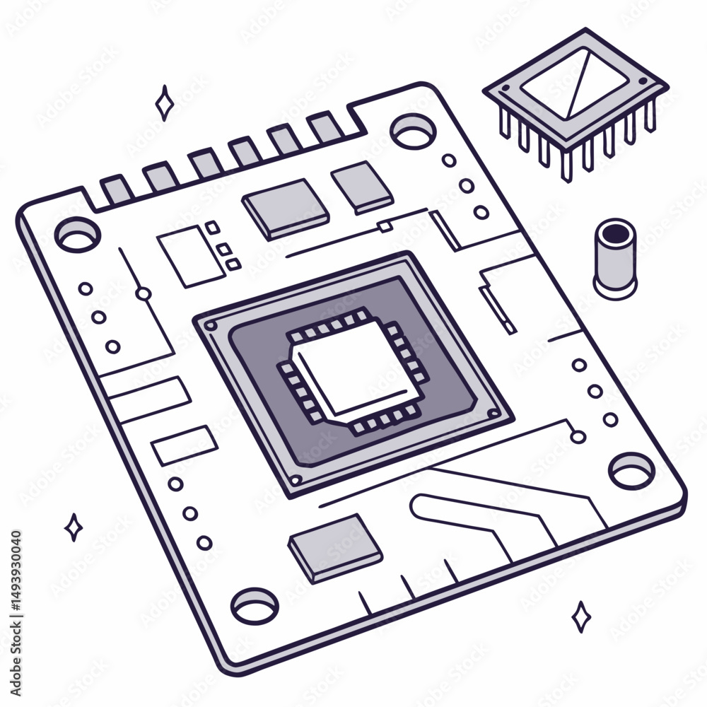 Poster circuit board with cpu microchip components technology illustration