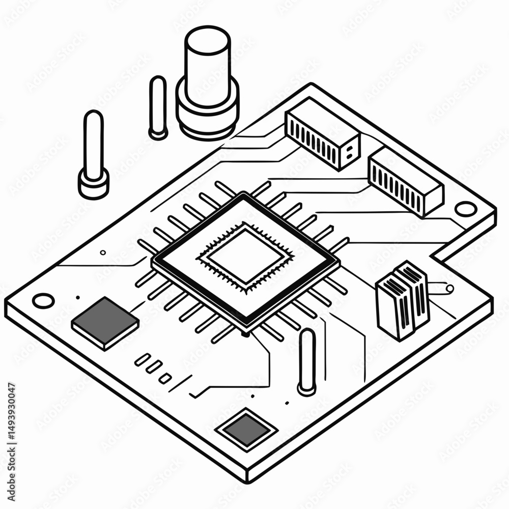 Poster isometric illustration of a circuit board with a central processor and various components