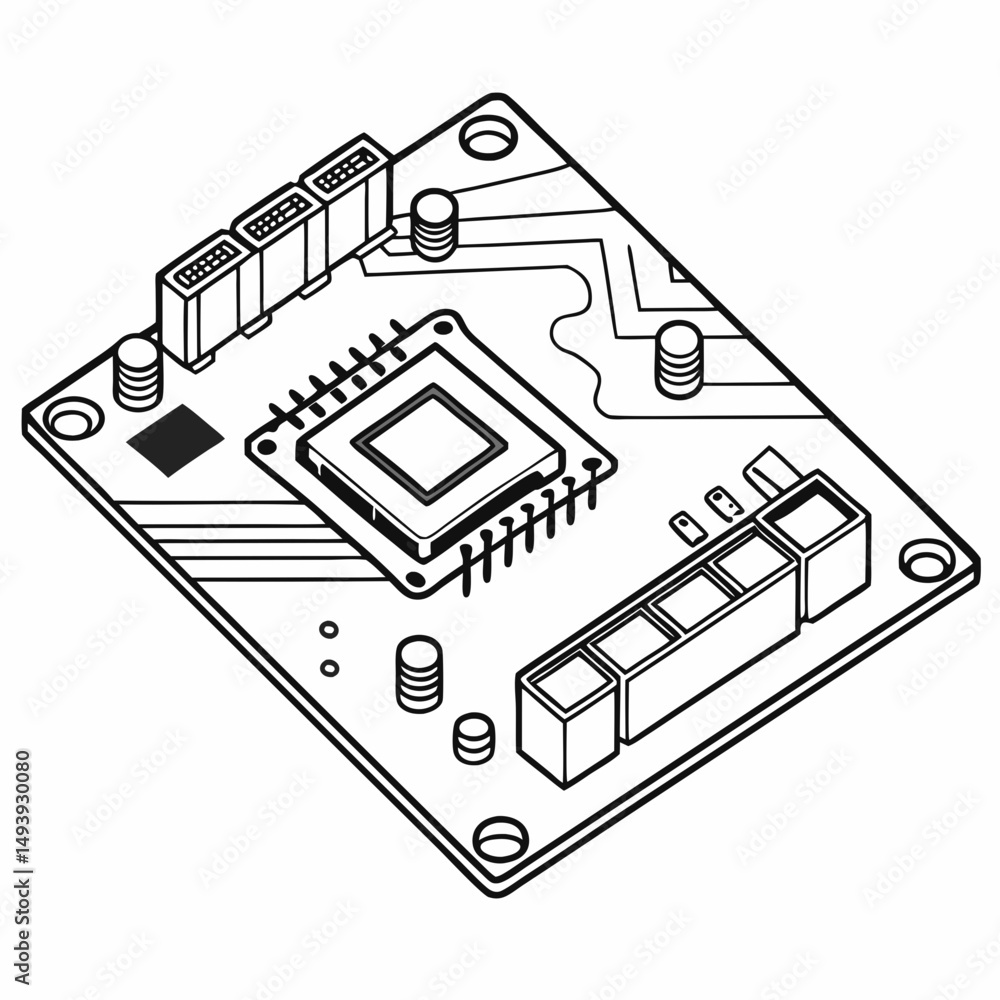Poster isometric illustration of a circuit board with a central processor unit