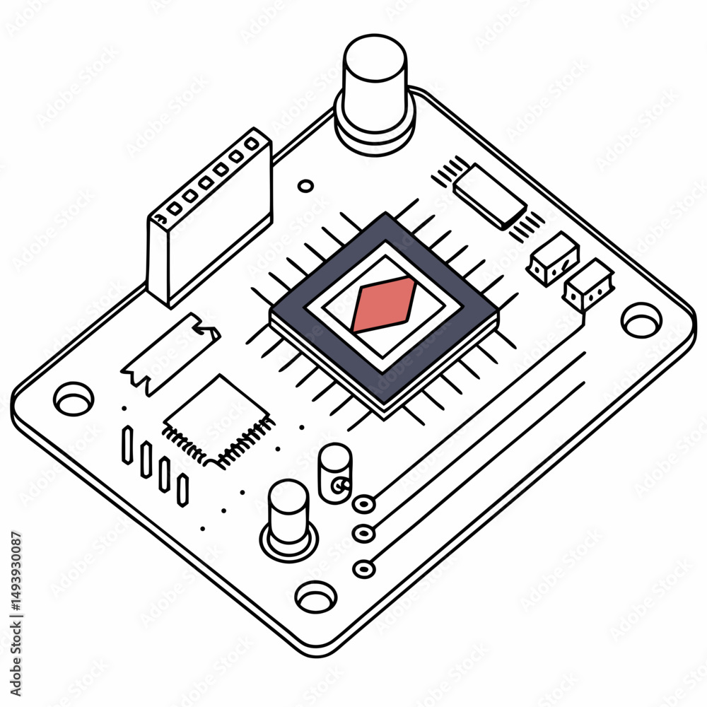 Poster isometric illustration of a circuit board with a central processor