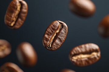 Fototapeta premium Macro close up view of roasted coffee bean falling in air. Concept of coffee production packaging and beverage enjoyment for food industry banner.