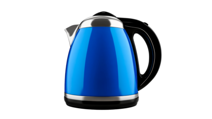 Electric kettle in bright blue color, isolated, cut out transparent