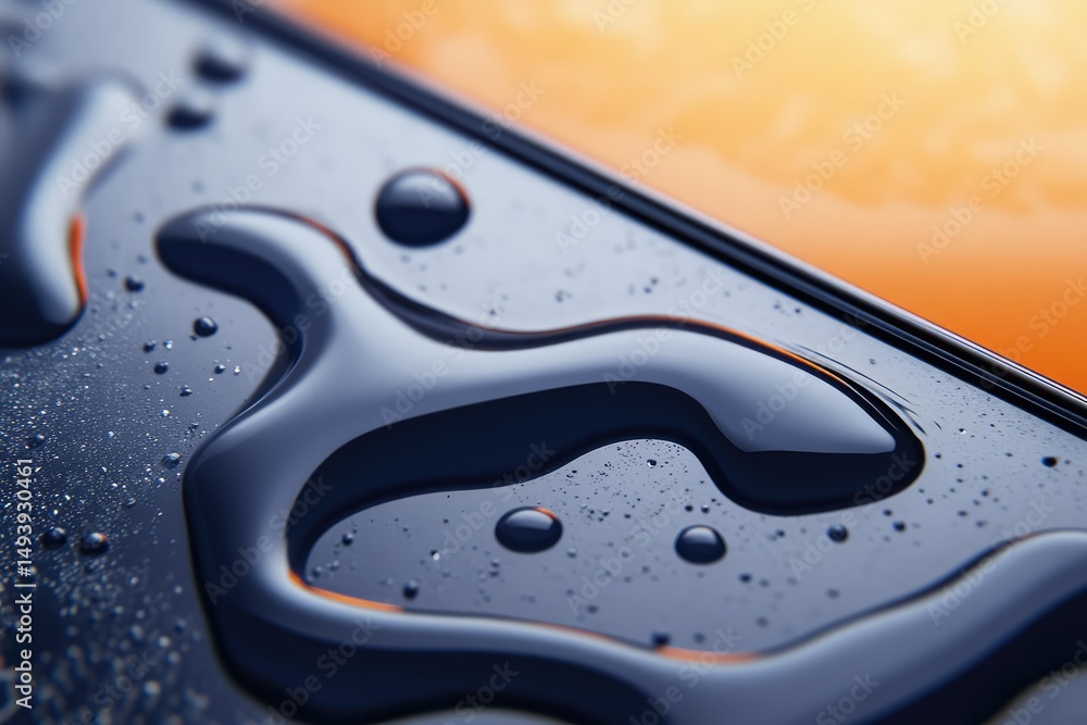 Poster abstract close-up of water droplets on a dark, reflective surface, creating an intricate pattern.