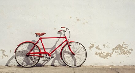 Fototapeta premium Red Bicycle Leaning Against a Textured White Wall