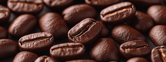 Obraz premium Close up panorama of roasted coffee bean background. Macro coffee beans for beverage. Texture, wallpaper, backdrop, design concept.