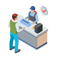 Isometric illustration customer paying at counter with transparent background