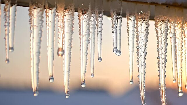 Close-up of sunlit icicles hanging in a row melting with visible water droplets during a cold winter season.