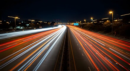 Obraz premium Vehicle Light Trails on Highway at Night Long Exposure