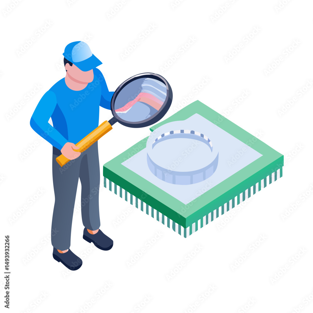 Poster technician inspecting microchip with magnifying glass on white background